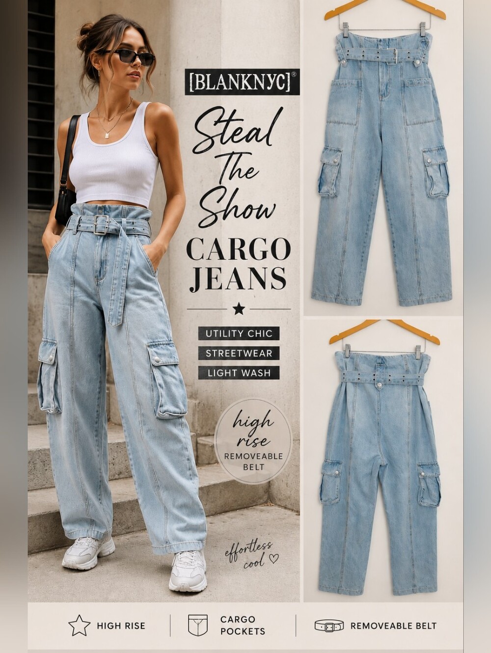 BLANKNYC Steal The Show Belted Cargo Jeans Light Wash High Rise 27